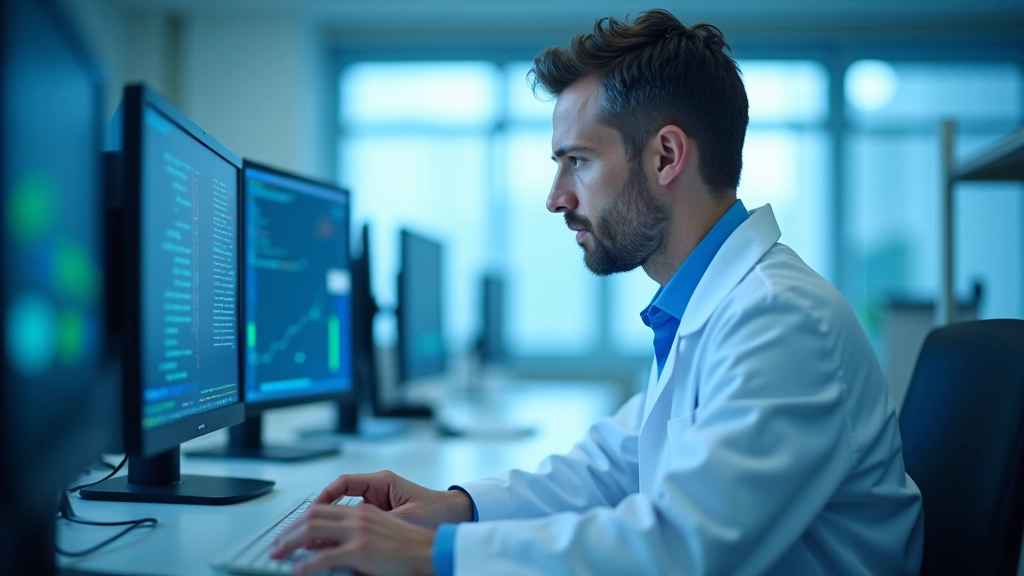 Kuantum araştırmacısı laboratuvarda, bilgisayar ekranında çalışıyor, profesyonel ortam