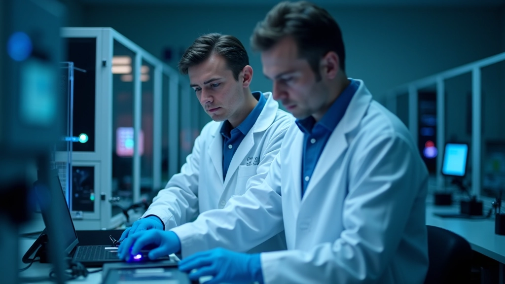 Kuantum bilişim araştırması ve geliştirmesi, modern laboratuvar ortamında, yüksek teknoloji ekipmanları, bilim insanları çalışma sahnesi